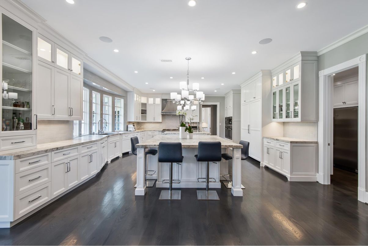 Chandelier, Interior, Kitchen, Recessed Lighting, Stainless Steel Appliances, Wood Texture Flooring