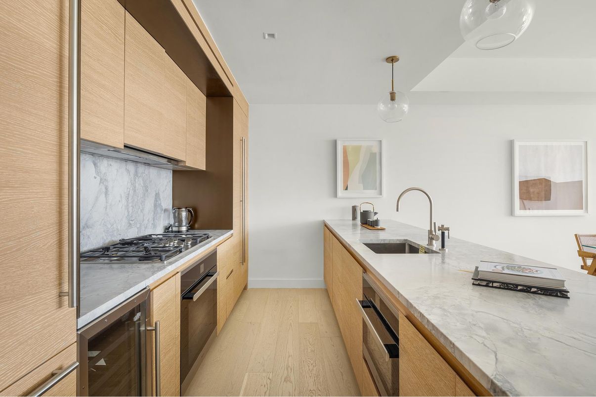 Interior, Kitchen, Pendant Lights, Stainless Steel Appliances, Wood Texture Flooring