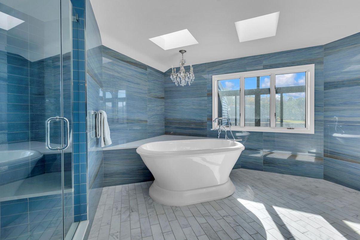 Bathroom, Chandelier, Free Standing Baths, Glass Shower, Interior