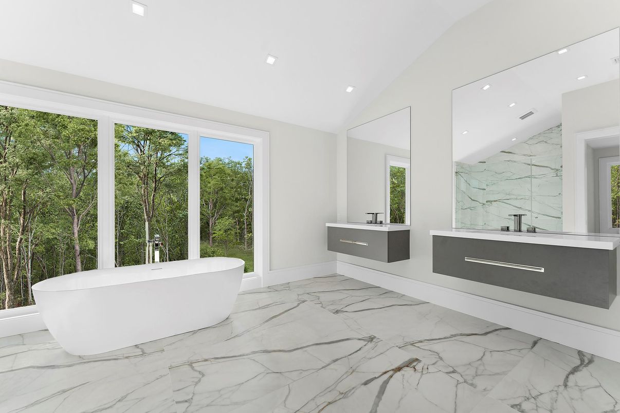 Bathroom, Dual Sink Vanities, Free Standing Baths, Interior, Marble, Marble Walls, Recessed Lighting