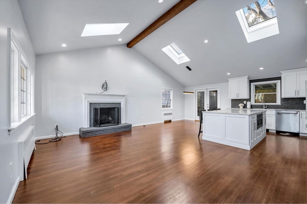 Fireplace, Interior, Kitchen, Pendant Lights, Recessed Lighting, Wooden Beams, Wood Texture Flooring