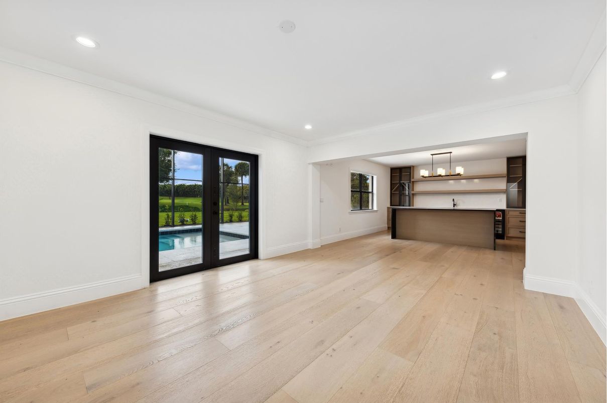 Empty room, Interior, Kitchen, Pendant Lights, Recessed Lighting, Wood Texture Flooring