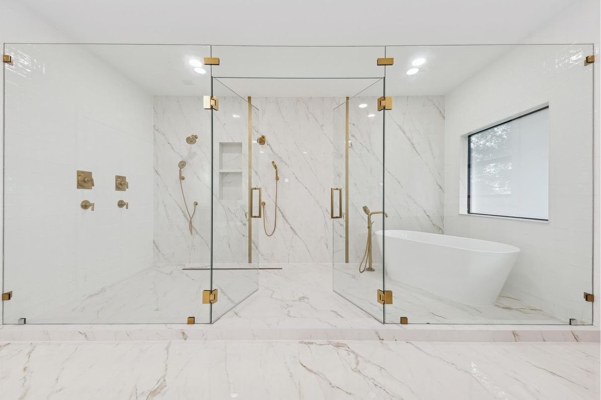 Bathroom, Free Standing Baths, Glass Shower, Interior, Marble, Marble Walls, Recessed Lighting