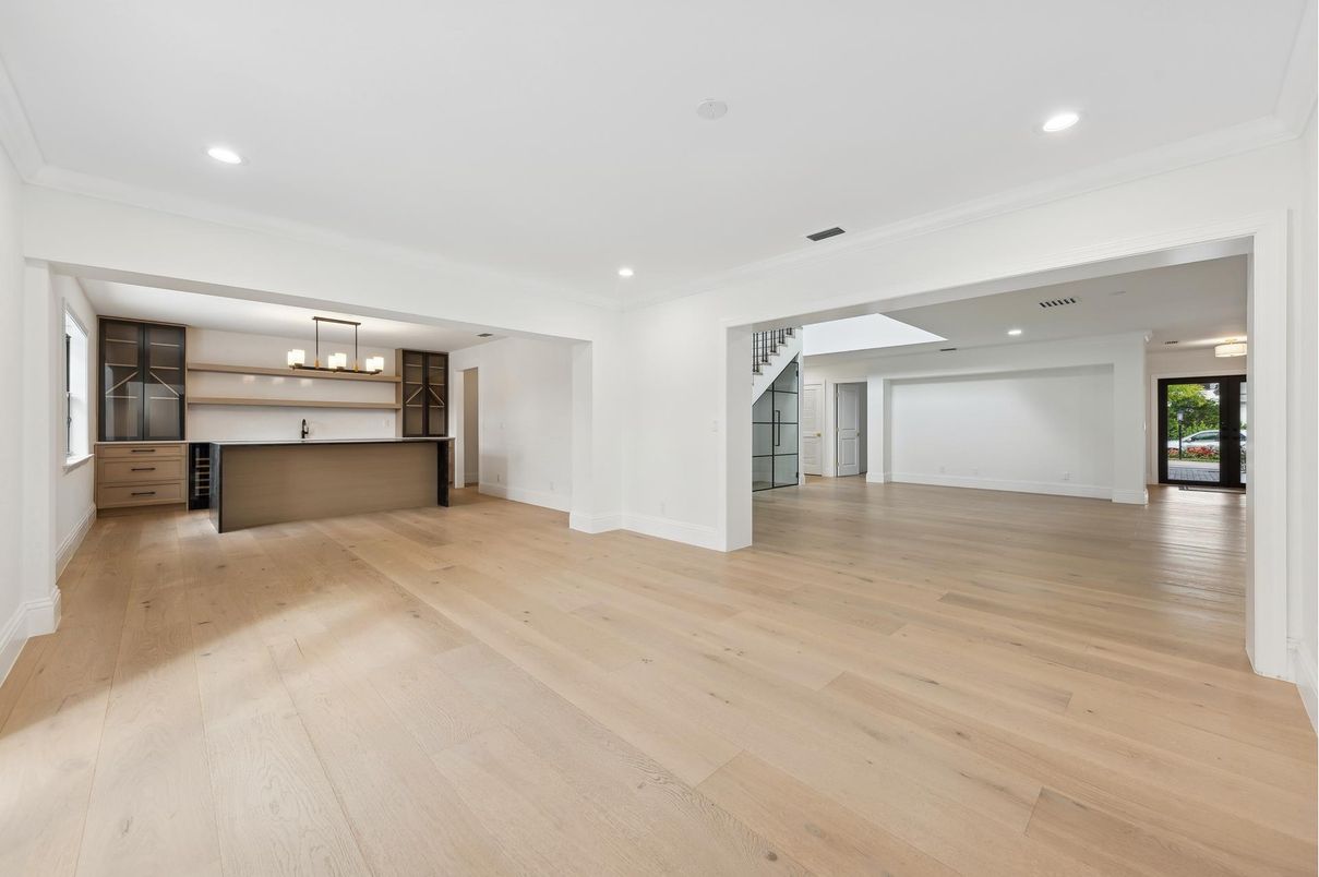 Empty room, Interior, Kitchen, Pendant Lights, Recessed Lighting, Wood Texture Flooring