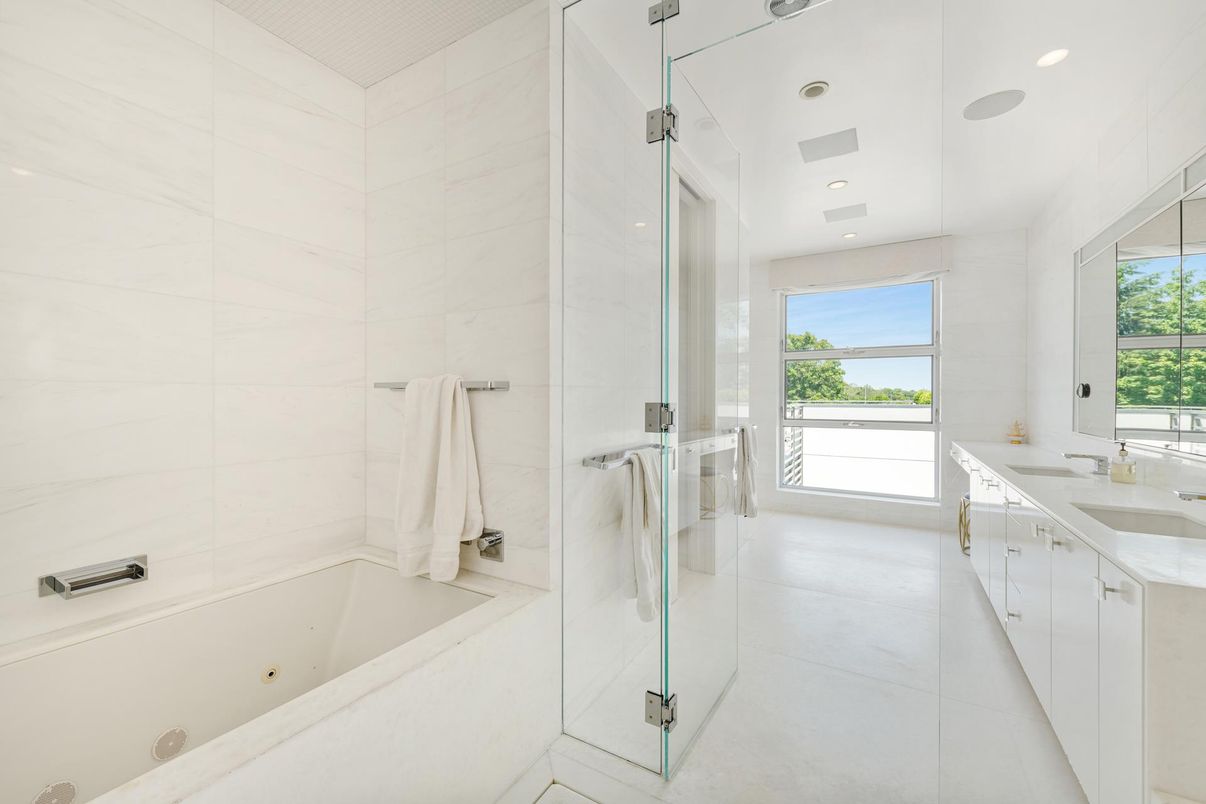 Bathroom, Glass Shower, Interior, Marble Walls, Recessed Lighting