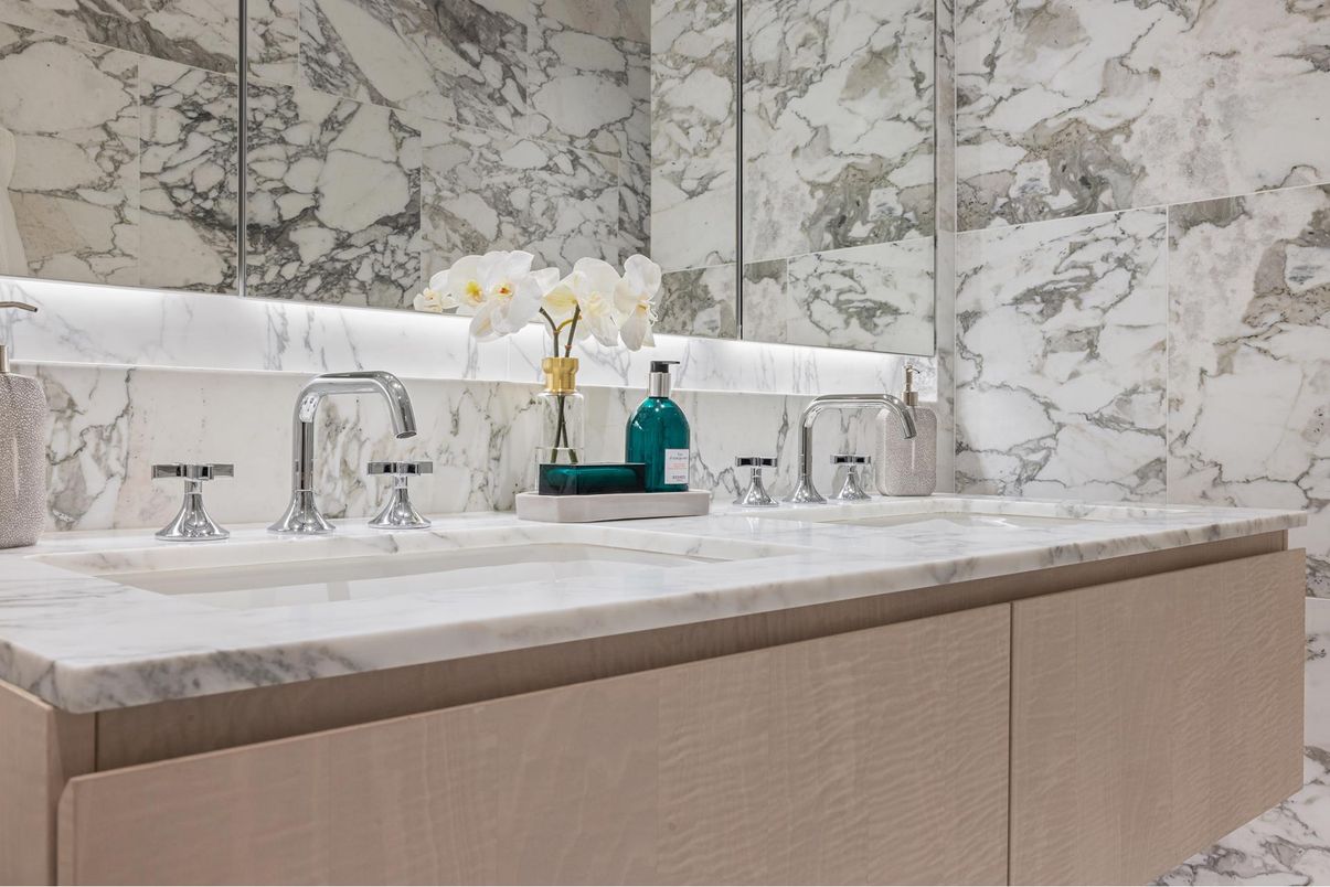 Bathroom, Dual Sink Vanities, Interior, Marble, Marble Walls
