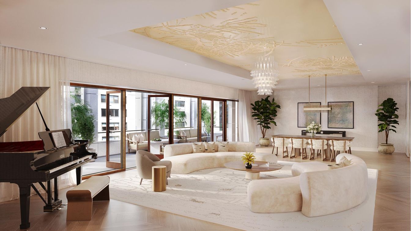 Chandelier, Dining room, Interior, Living room, Pendant Lights, Piano, Recessed Lighting, Wood Texture Flooring