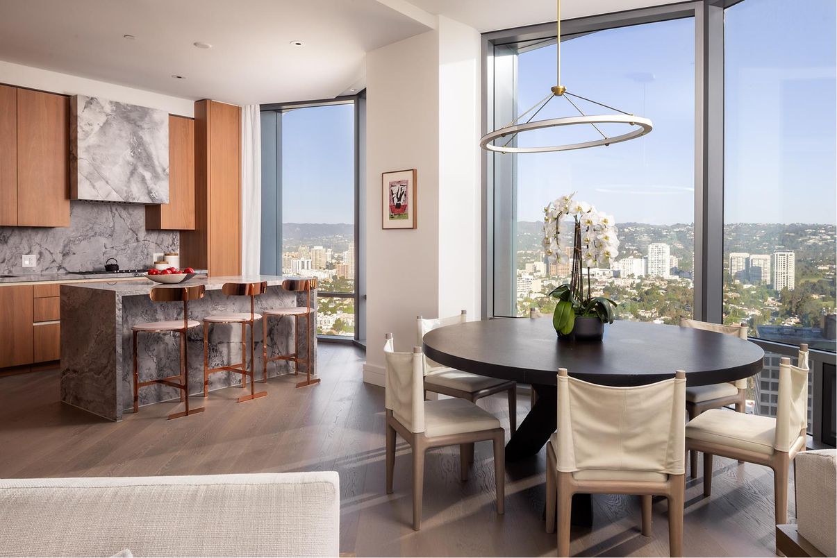 Dining room, Interior, Kitchen, Pendant Lights, Recessed Lighting, Wood Texture Flooring