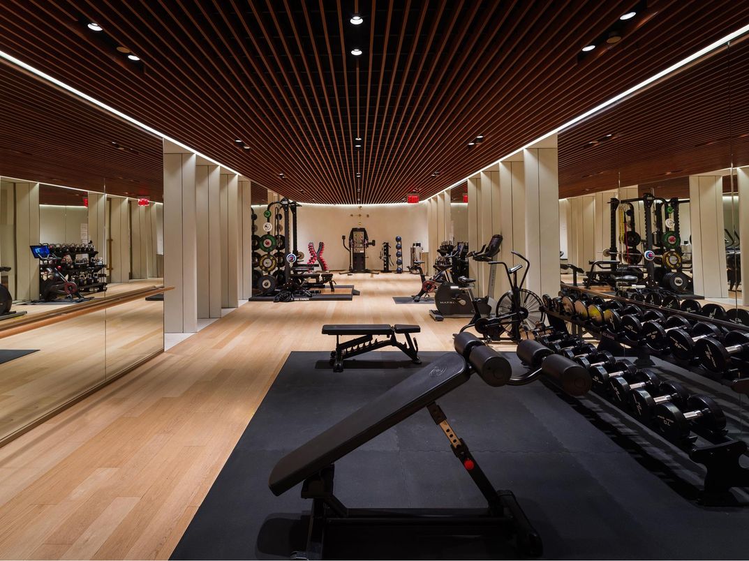 Fitness Equipment, Gym, Interior, Recessed Lighting, Wood Texture Flooring