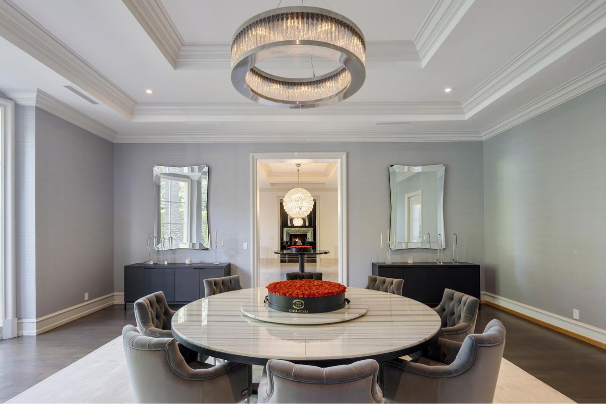 Chandelier, Dining room, Interior, Pendant Lights, Recessed Lighting, Wood Texture Flooring