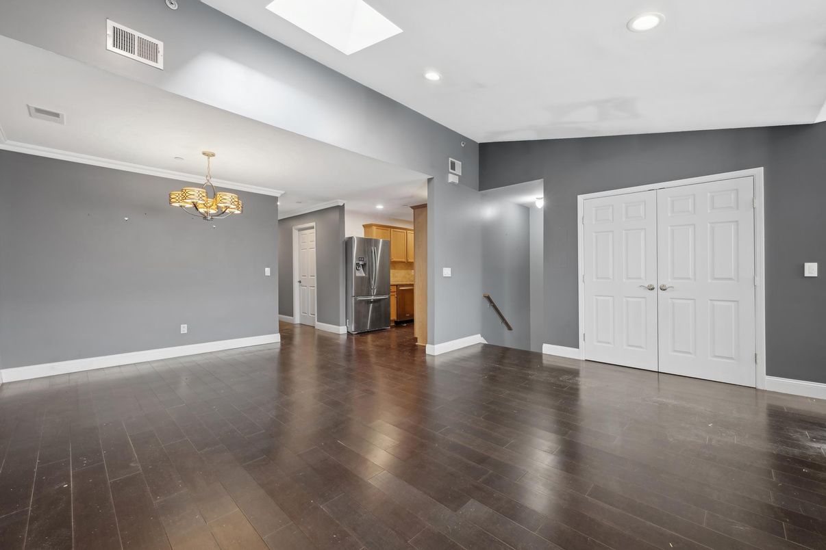 Chandelier, Empty room, Interior, Kitchen, Recessed Lighting, Wood Texture Flooring