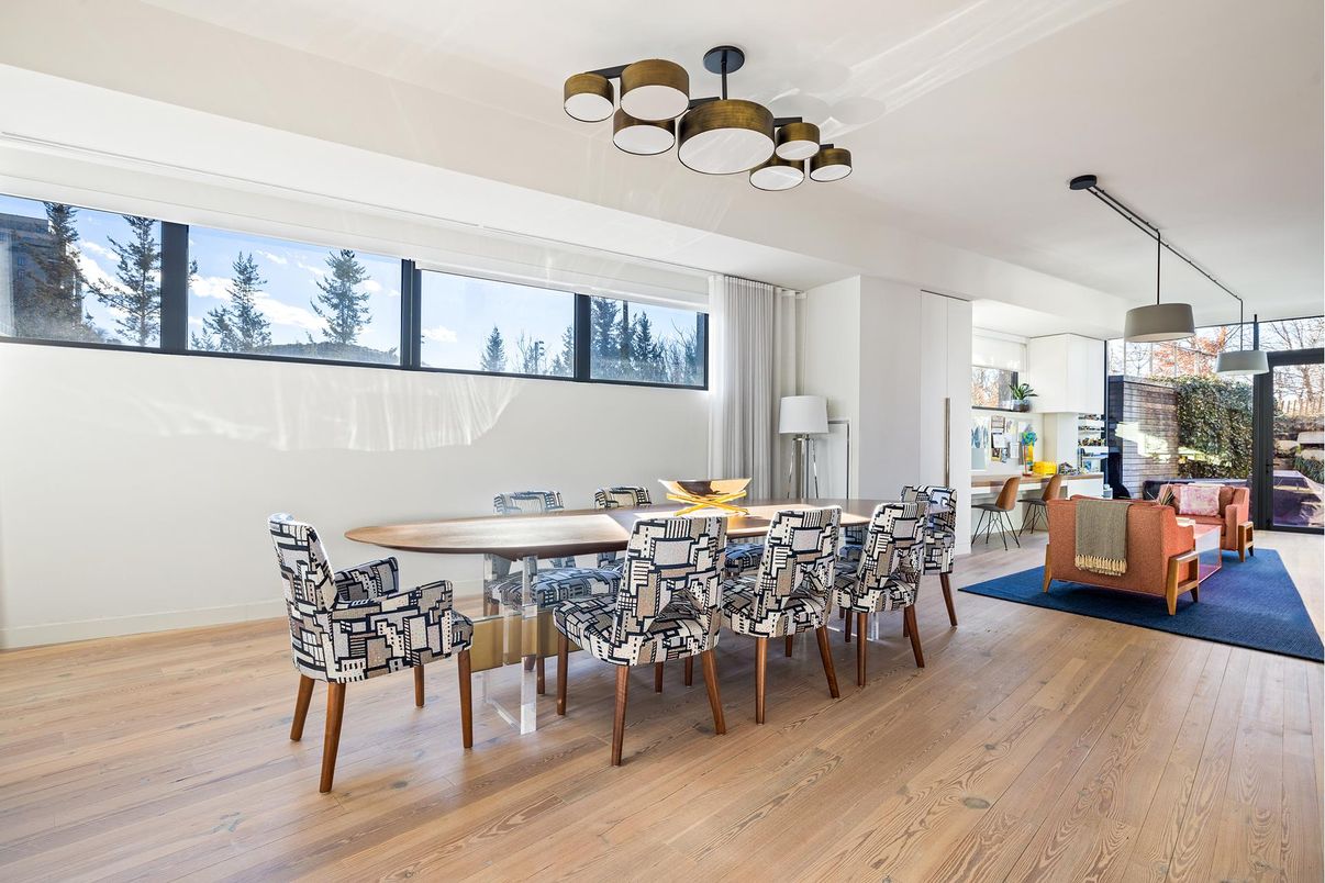 Dining room, Interior, Living room, Pendant Lights, Wood Texture Flooring
