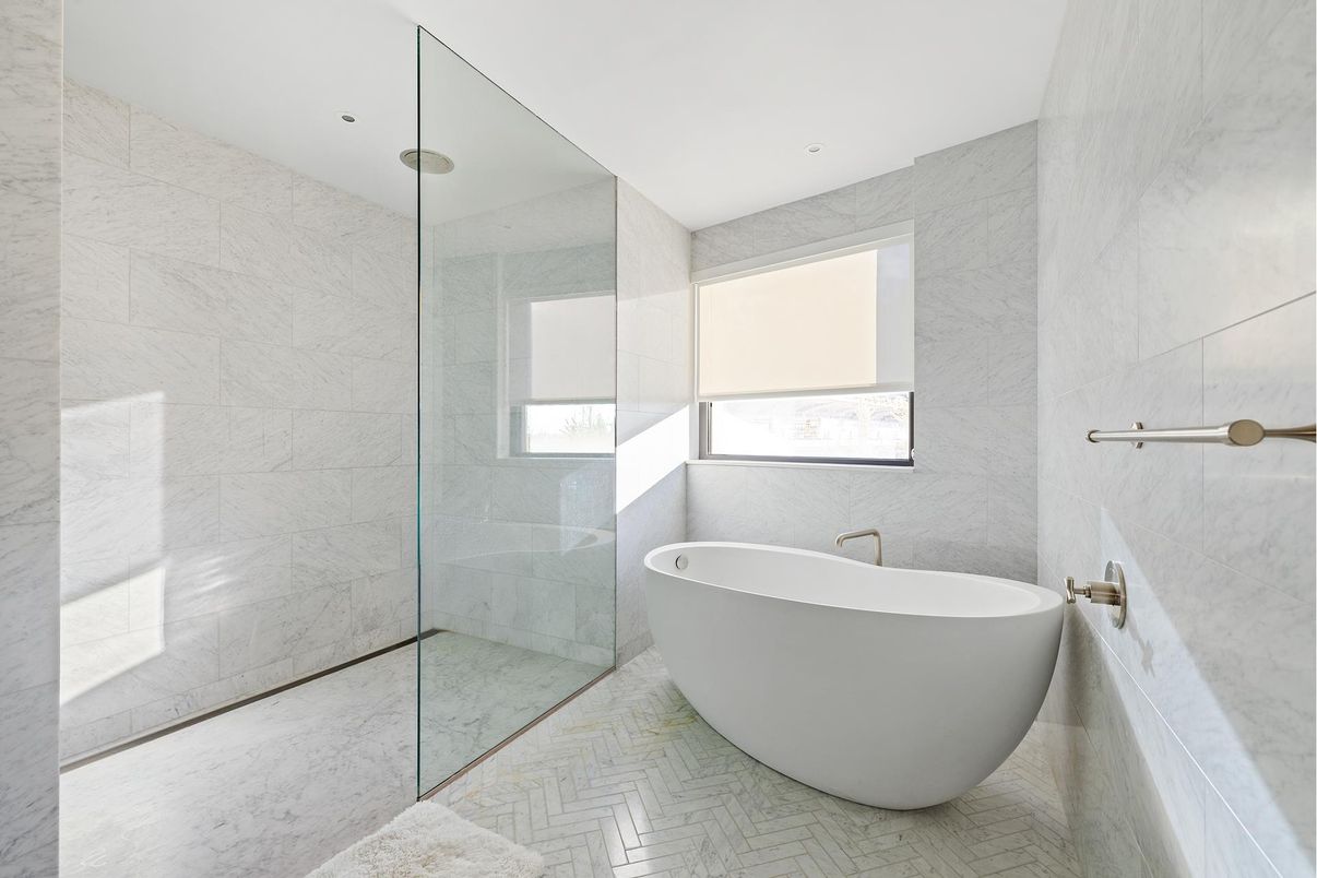 Bathroom, Free Standing Baths, Glass Shower, Interior, Marble Walls, Recessed Lighting