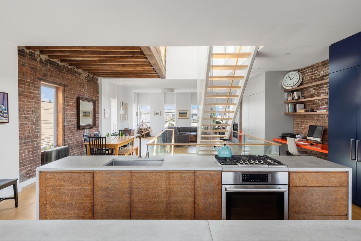 Dining room, Interior, Kitchen, Pendant Lights, Stainless Steel Appliances, Stone Walls, Wooden Beams, Wooden Ceilings, Wood Texture Flooring