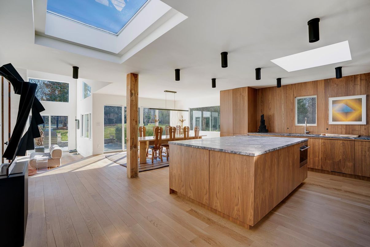 Dining room, Interior, Kitchen, Pendant Lights, Wood Texture Flooring, Wooden Walls
