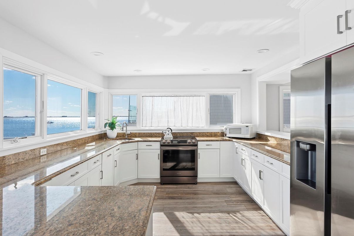 Interior, Kitchen, Recessed Lighting, Stainless Steel Appliances, Water, Wood Texture Flooring