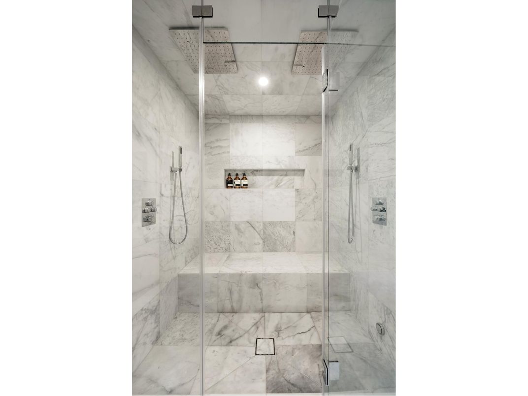 Bathroom, Glass Shower, Interior, Marble Walls, Recessed Lighting