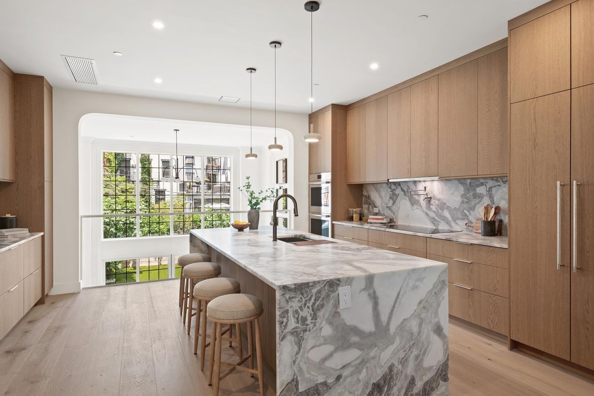 Interior, Kitchen, Marble Walls, Pendant Lights, Recessed Lighting, Wood Texture Flooring