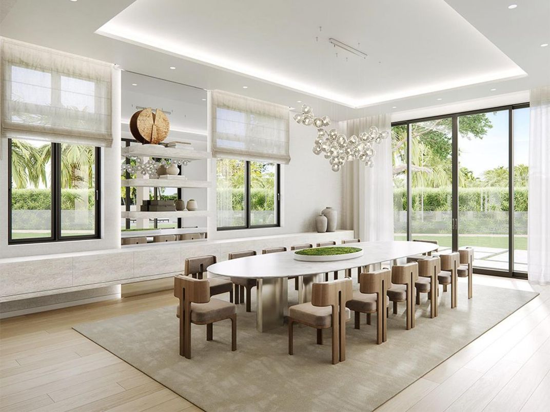 Dining room, Interior, Pendant Lights, Recessed Lighting, Wood Texture Flooring