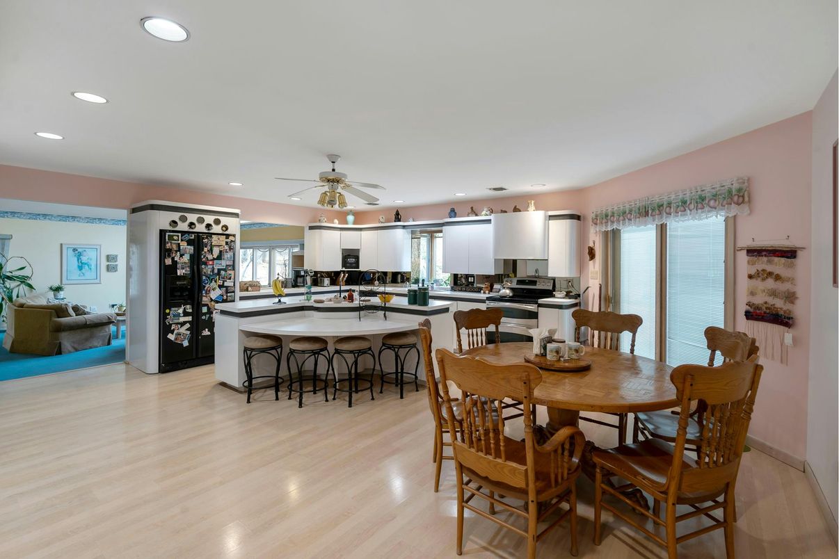 Dining room, Interior, Kitchen, Living room, Recessed Lighting, Wood Texture Flooring