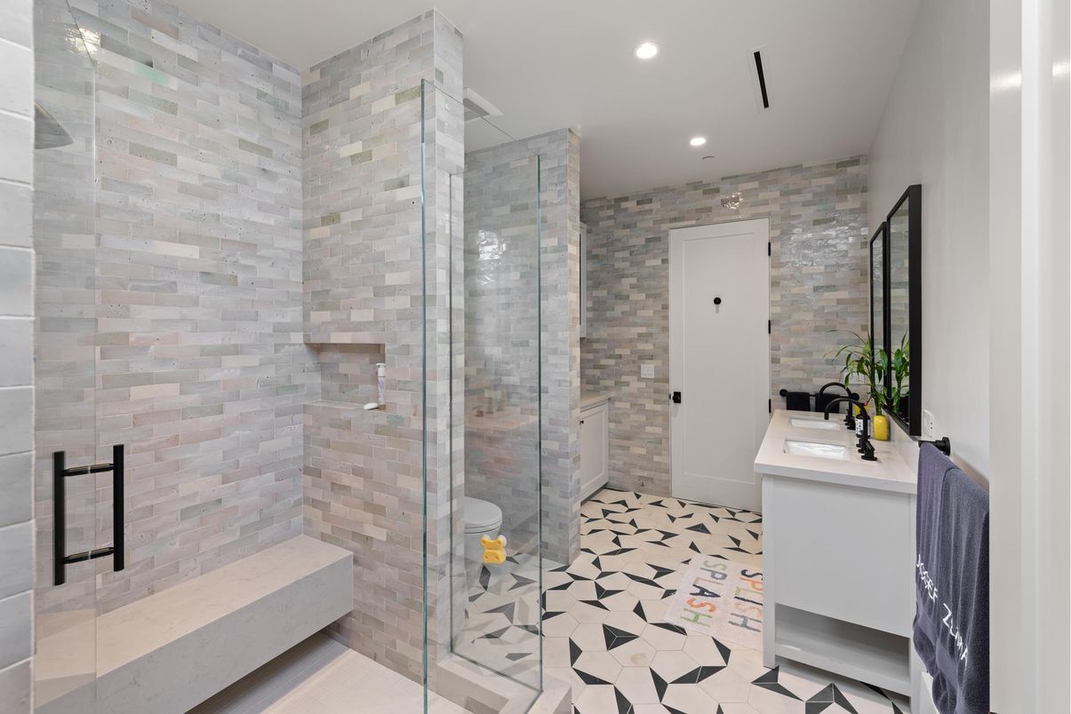 Bathroom, Glass Shower, Interior, Recessed Lighting, Stone Walls