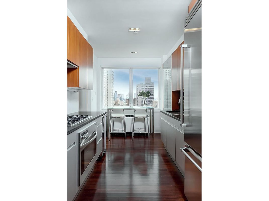 Dining room, Interior, Kitchen, Recessed Lighting, Stainless Steel Appliances, Wood Texture Flooring