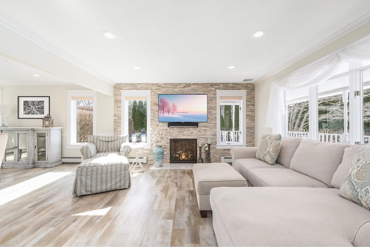 Fireplace, Interior, Living room, Recessed Lighting, Stone Walls, Wood Texture Flooring