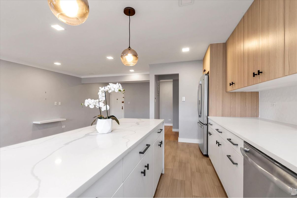 Interior, Kitchen, Pendant Lights, Recessed Lighting, Wood Texture Flooring