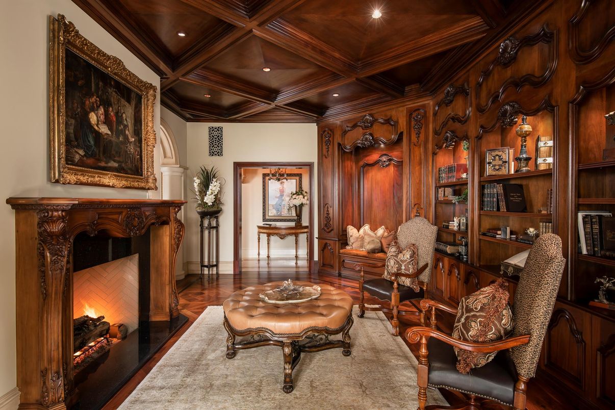 Fireplace, Home Office, Interior, Recessed Lighting, Wooden Beams, Wooden Ceilings, Wood Texture Flooring, Wooden Walls