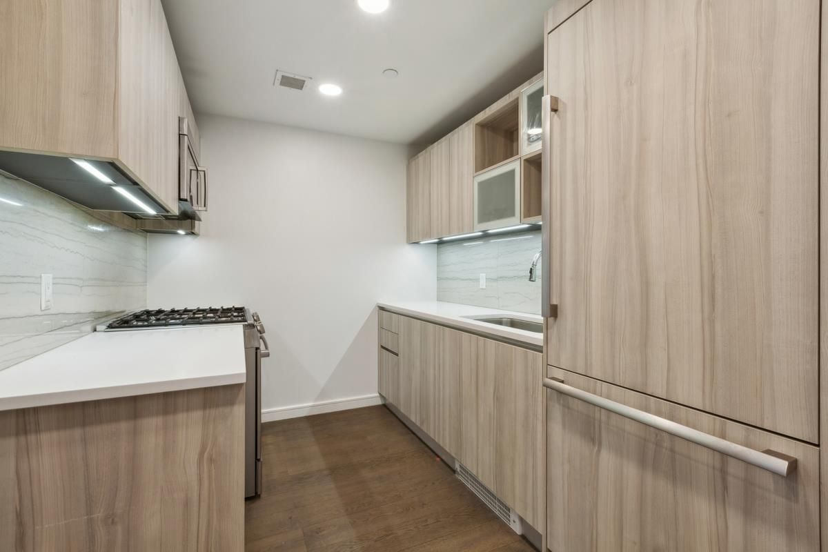Interior, Kitchen, Marble Walls, Recessed Lighting, Wood Texture Flooring