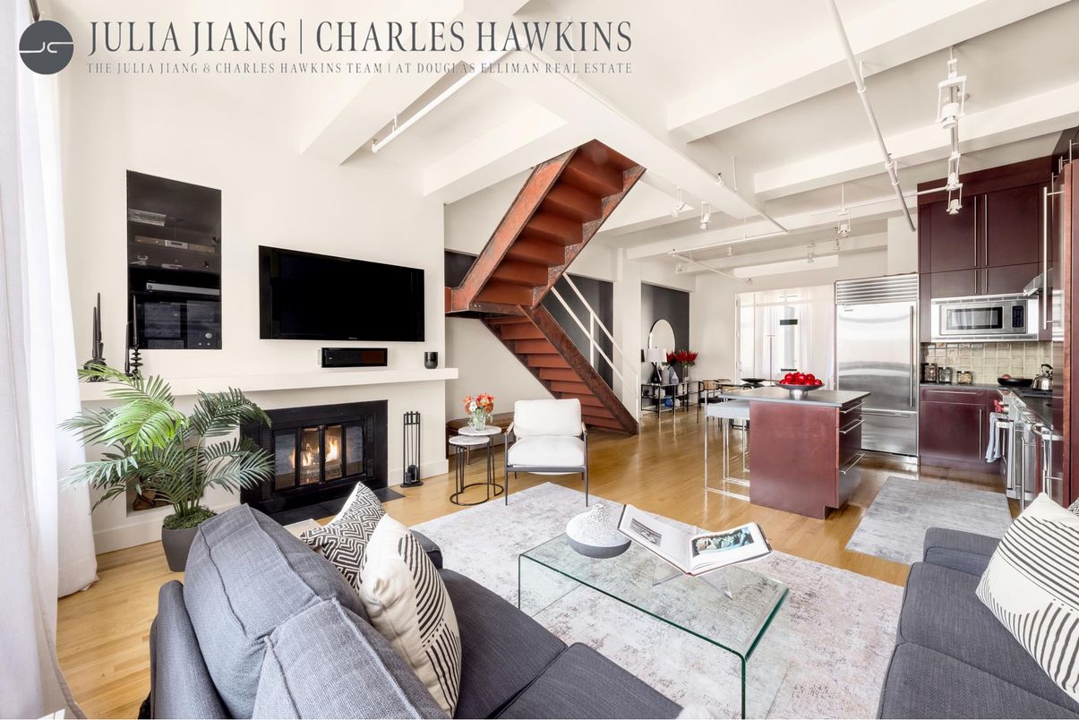 Fireplace, Interior, Kitchen, Living room, Stainless Steel Appliances, Wood Texture Flooring