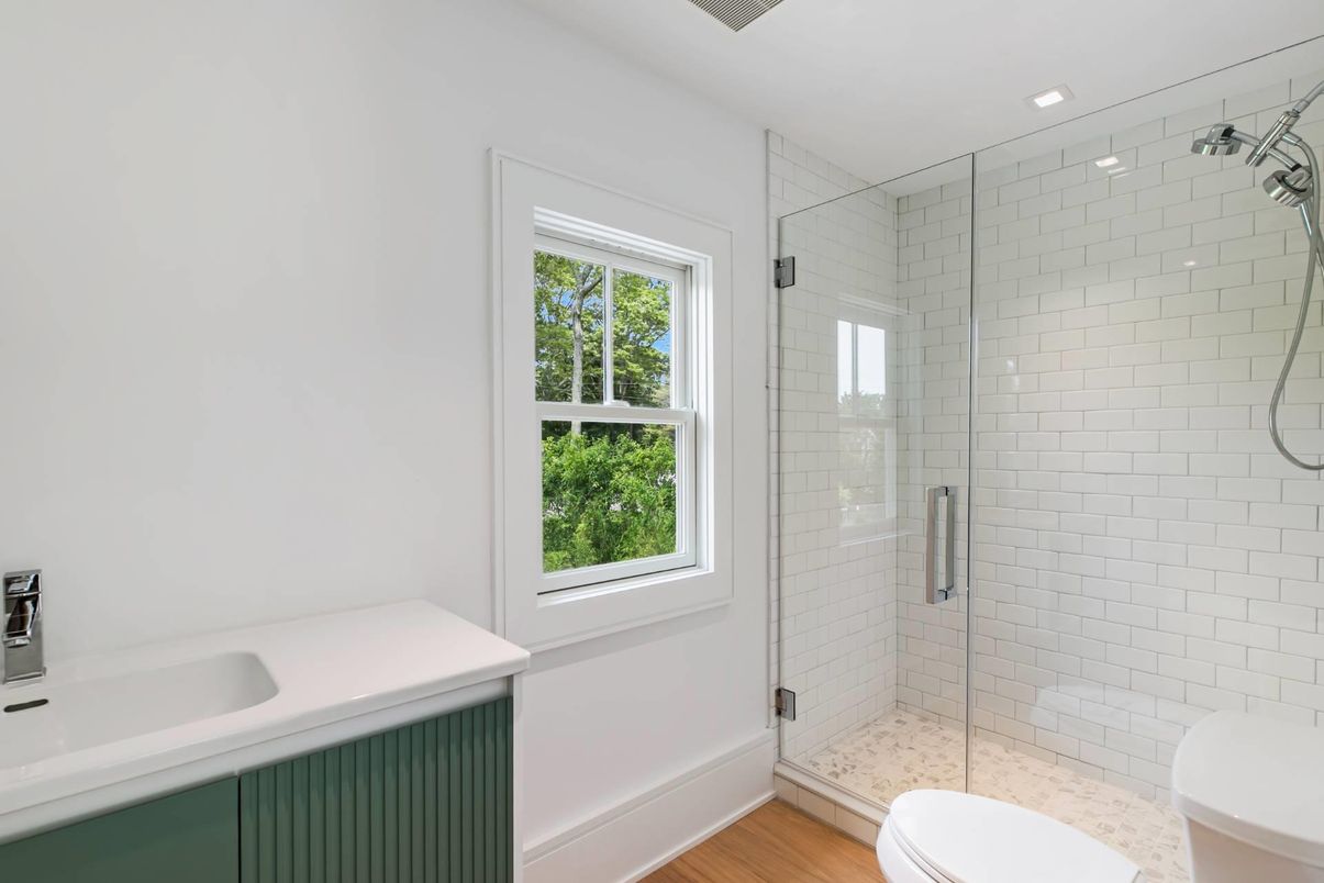 Bathroom, Glass Shower, Interior, Recessed Lighting, Wood Texture Flooring