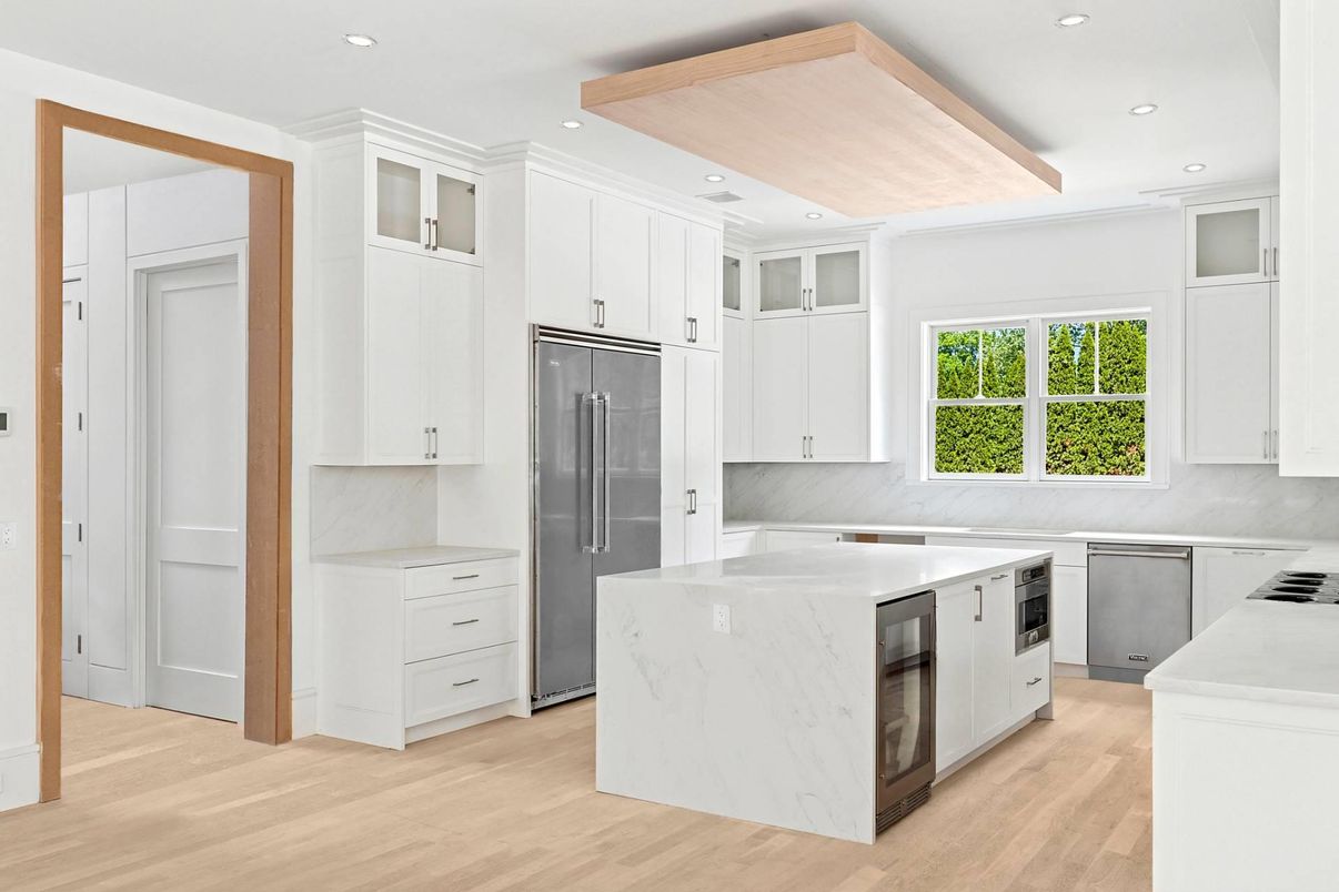 Interior, Kitchen, Recessed Lighting, Stainless Steel Appliances, Wooden Beams, Wood Texture Flooring