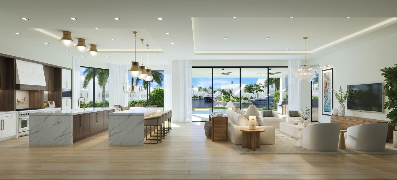 Interior, Kitchen, Living room, Pendant Lights, Recessed Lighting, Wood Texture Flooring
