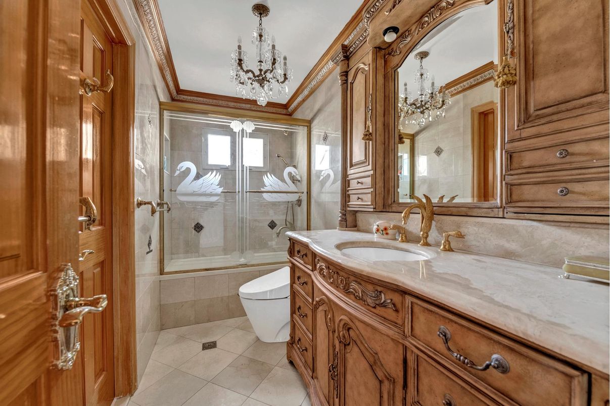 Bathroom, Chandelier, Glass Shower, Interior