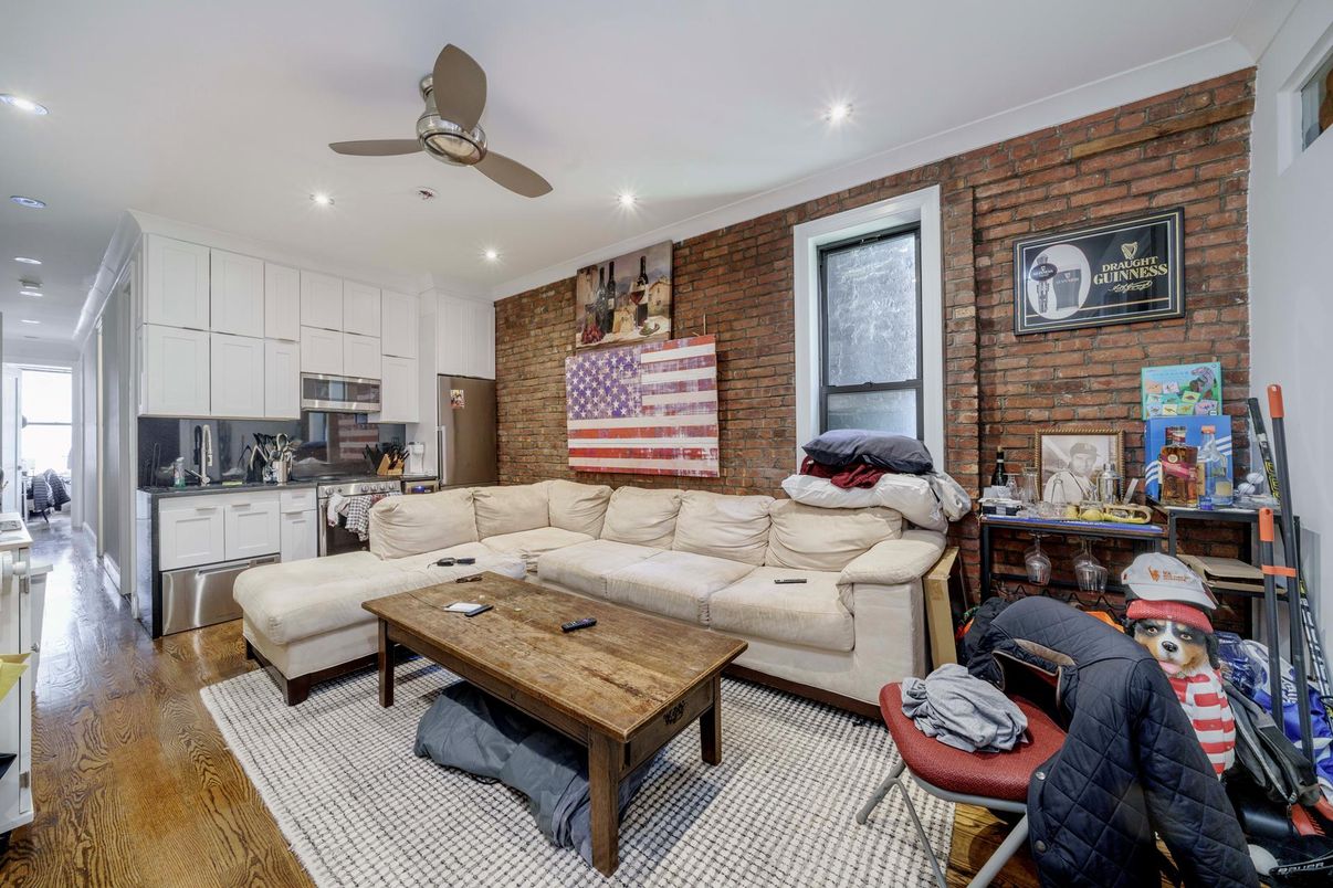 Interior, Kitchen, Living room, Recessed Lighting, Stainless Steel Appliances, Stone Walls, Wood Texture Flooring