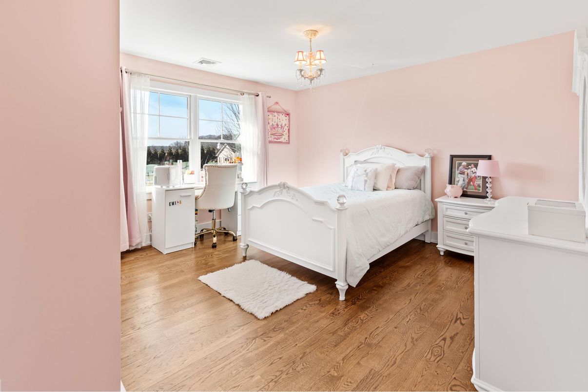 Bedroom, Chandelier, Home Office, Interior, Wood Texture Flooring