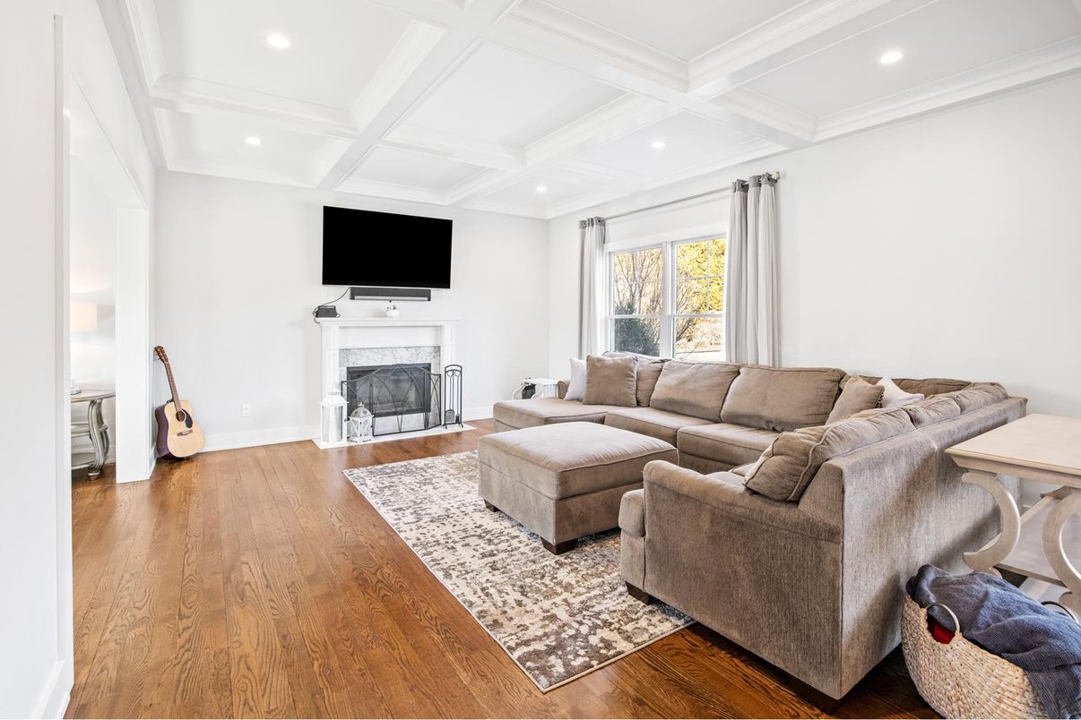 Fireplace, Interior, Living room, Recessed Lighting, Wood Texture Flooring
