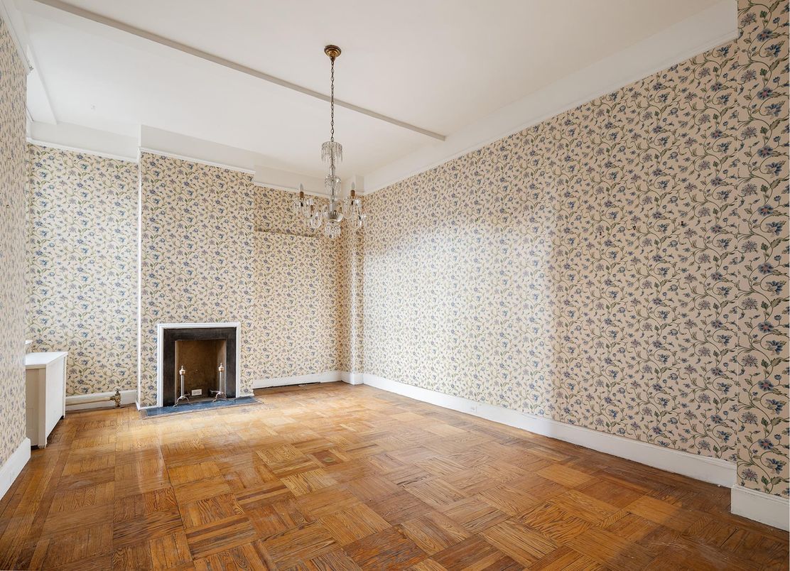 Empty room, Fireplace, Interior, Pendant Lights, Wood Texture Flooring