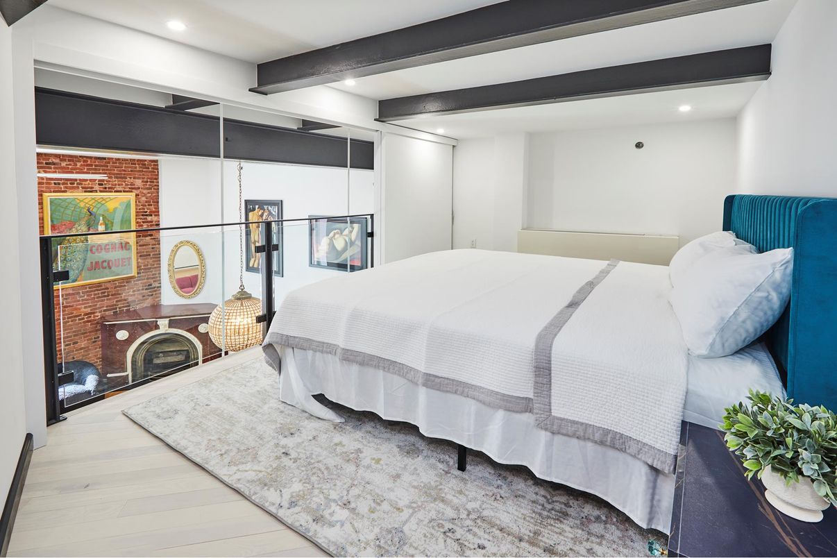 Bedroom, Fireplace, Interior, Recessed Lighting, Stone Walls, Wooden Beams, Wood Texture Flooring