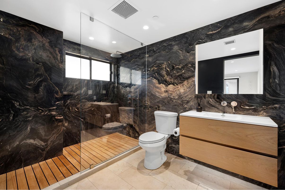 Bathroom, Glass Shower, Interior, Marble Walls, Recessed Lighting