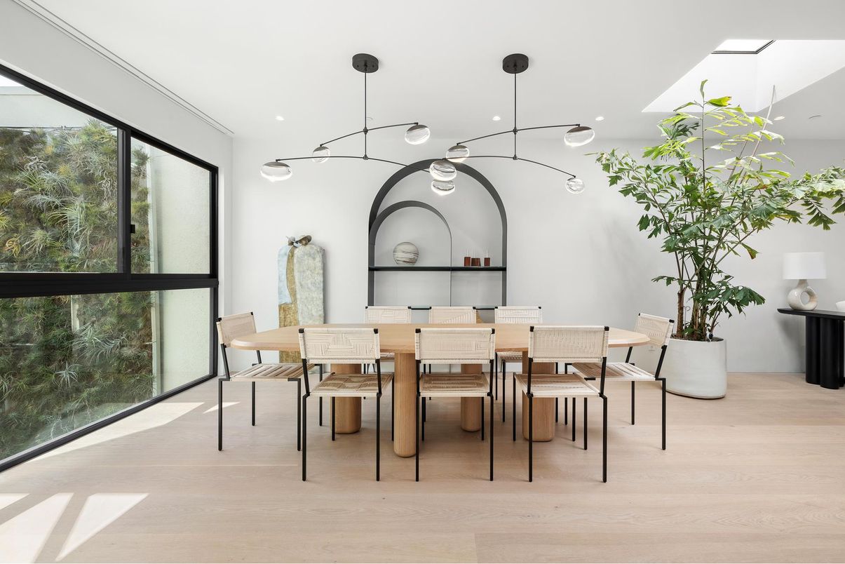 Dining room, Interior, Pendant Lights, Recessed Lighting, Wood Texture Flooring