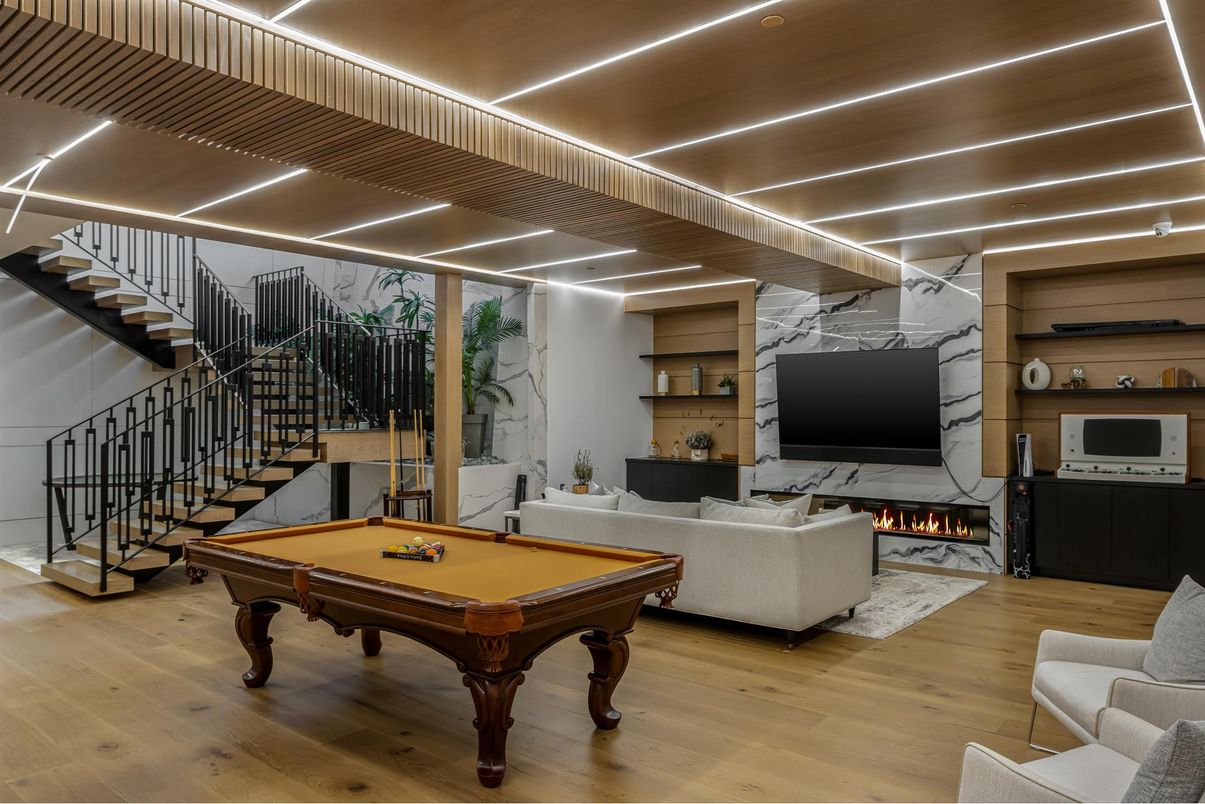 Billiard Table, Fireplace, Game Room, Interior, Living room, Marble Walls, Wood Texture Flooring