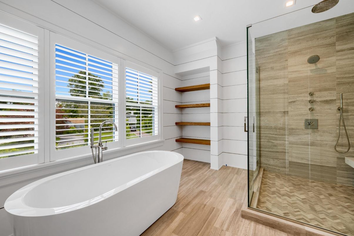 Bathroom, Free Standing Baths, Glass Shower, Interior, Recessed Lighting, Wood Texture Flooring