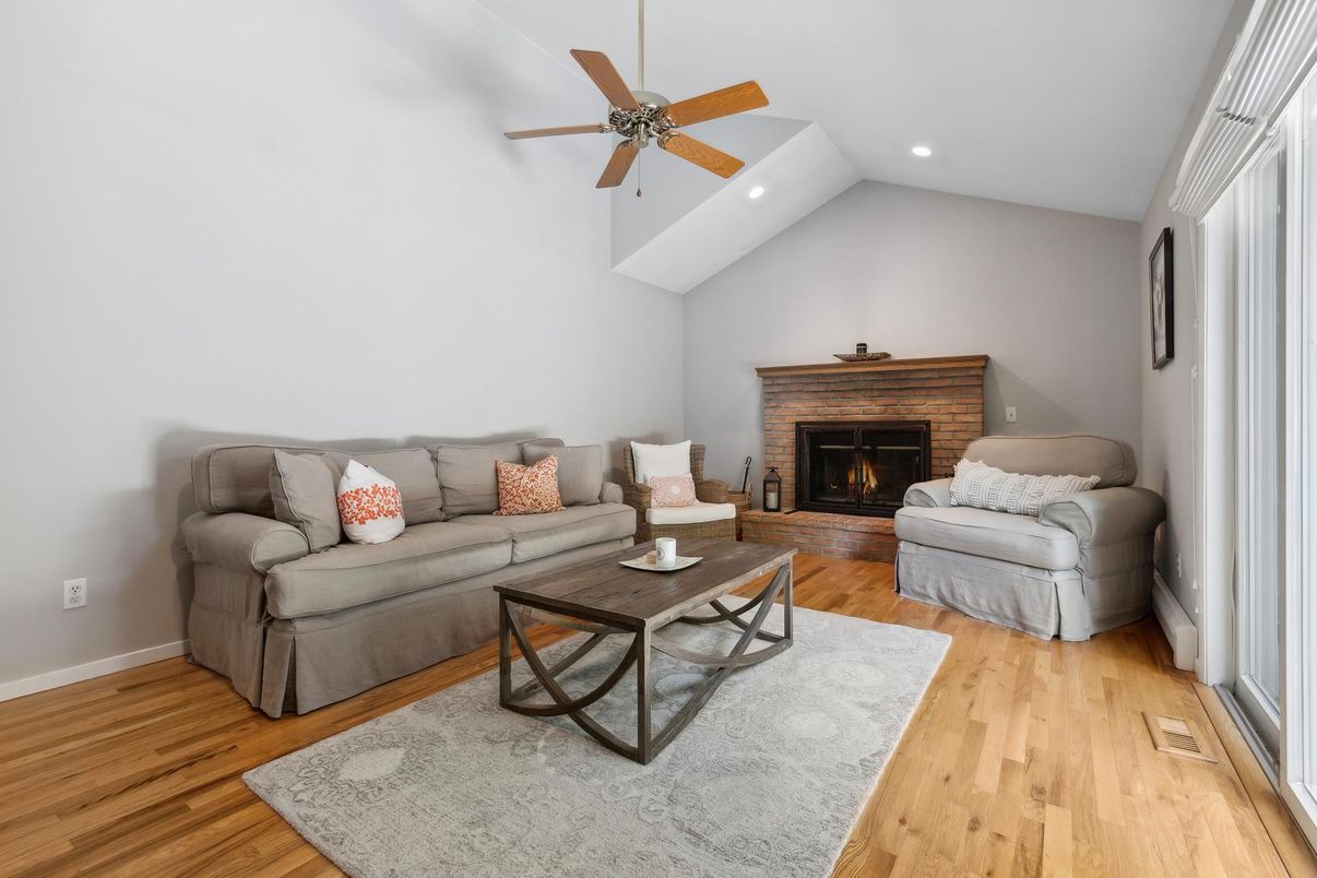 Fireplace, Interior, Living room, Recessed Lighting, Wood Texture Flooring