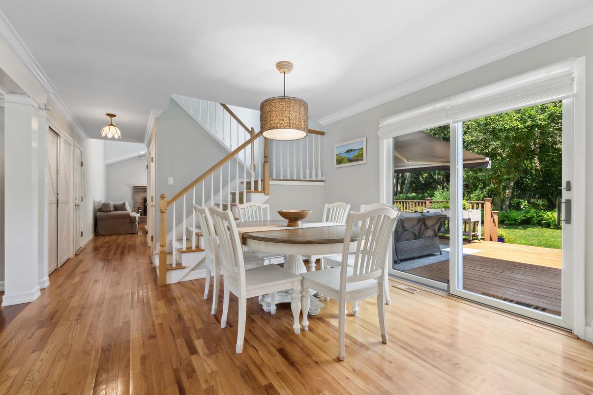 Dining room, Interior, Pendant Lights, Wood Texture Flooring