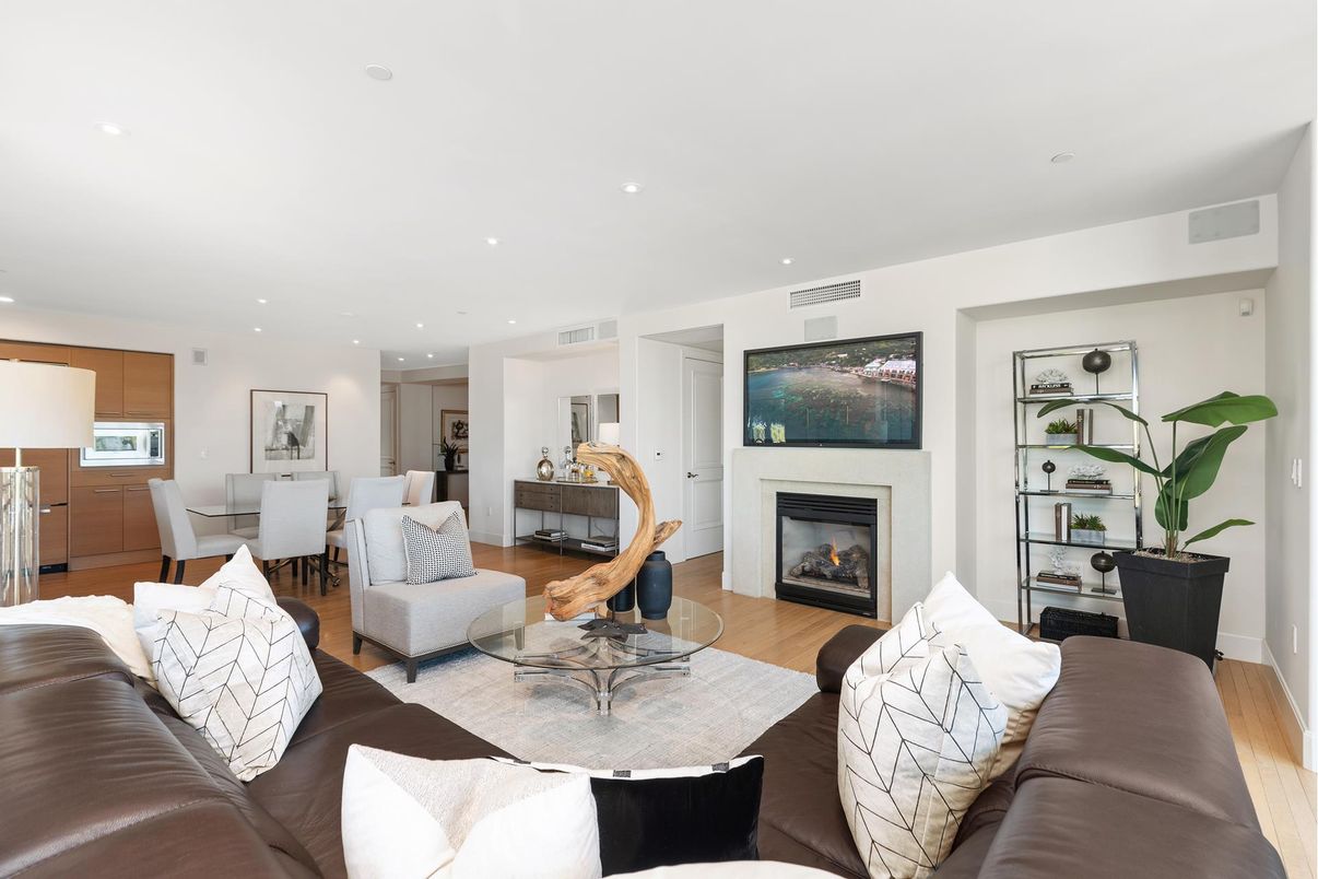 Dining room, Fireplace, Interior, Living room, Recessed Lighting, Wood Texture Flooring