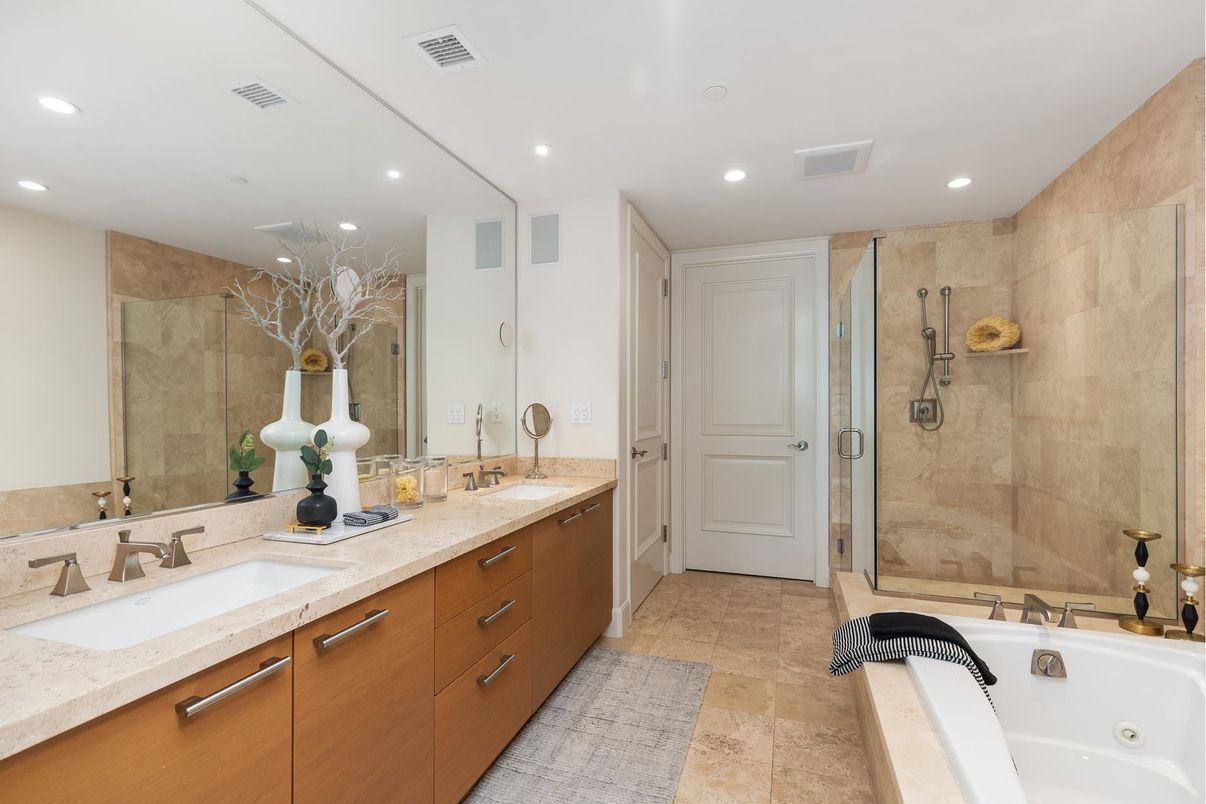 Bathroom, Dual Sink Vanities, Glass Shower, Interior, Recessed Lighting