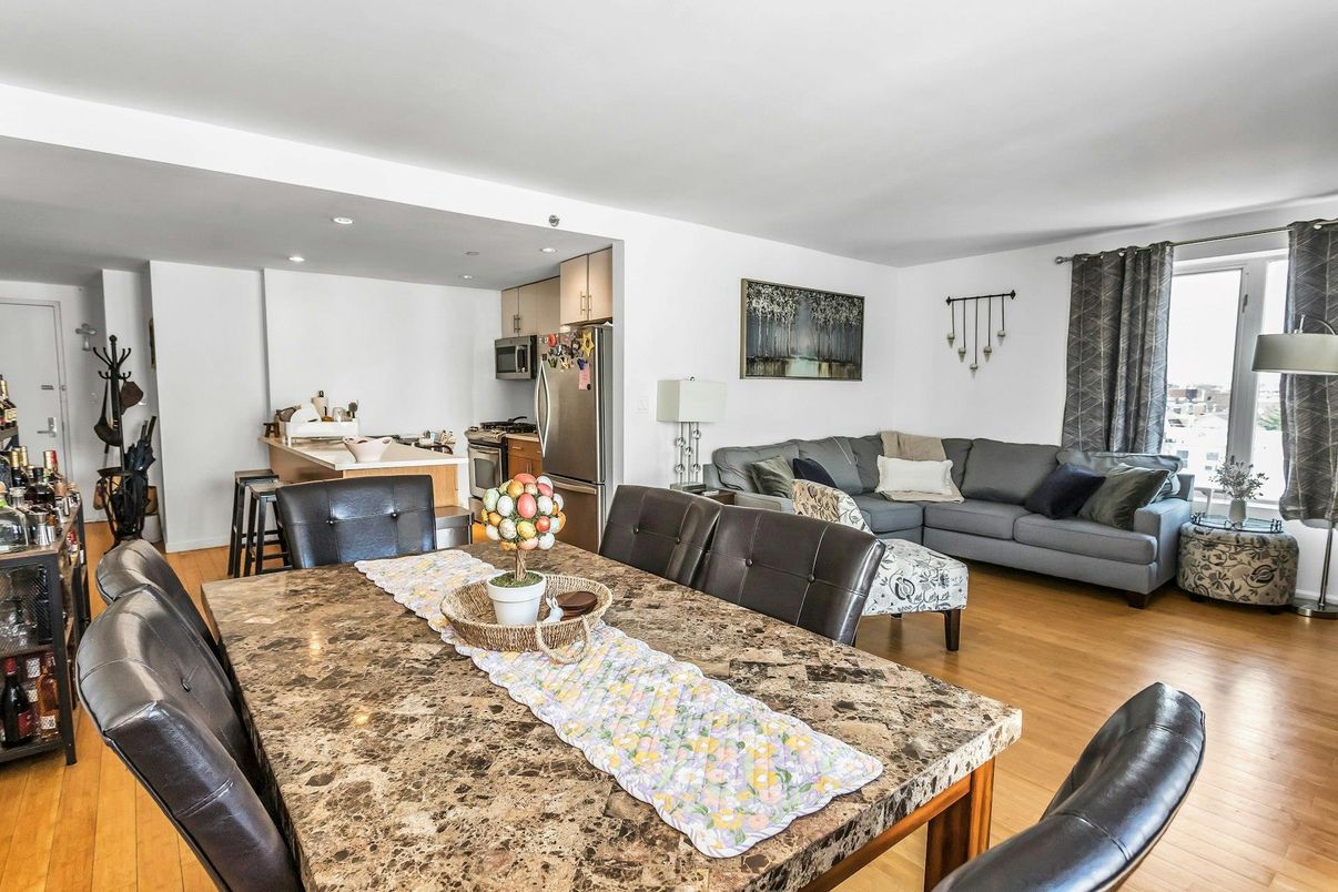 Dining room, Interior, Kitchen, Living room, Recessed Lighting, Stainless Steel Appliances, Wood Texture Flooring