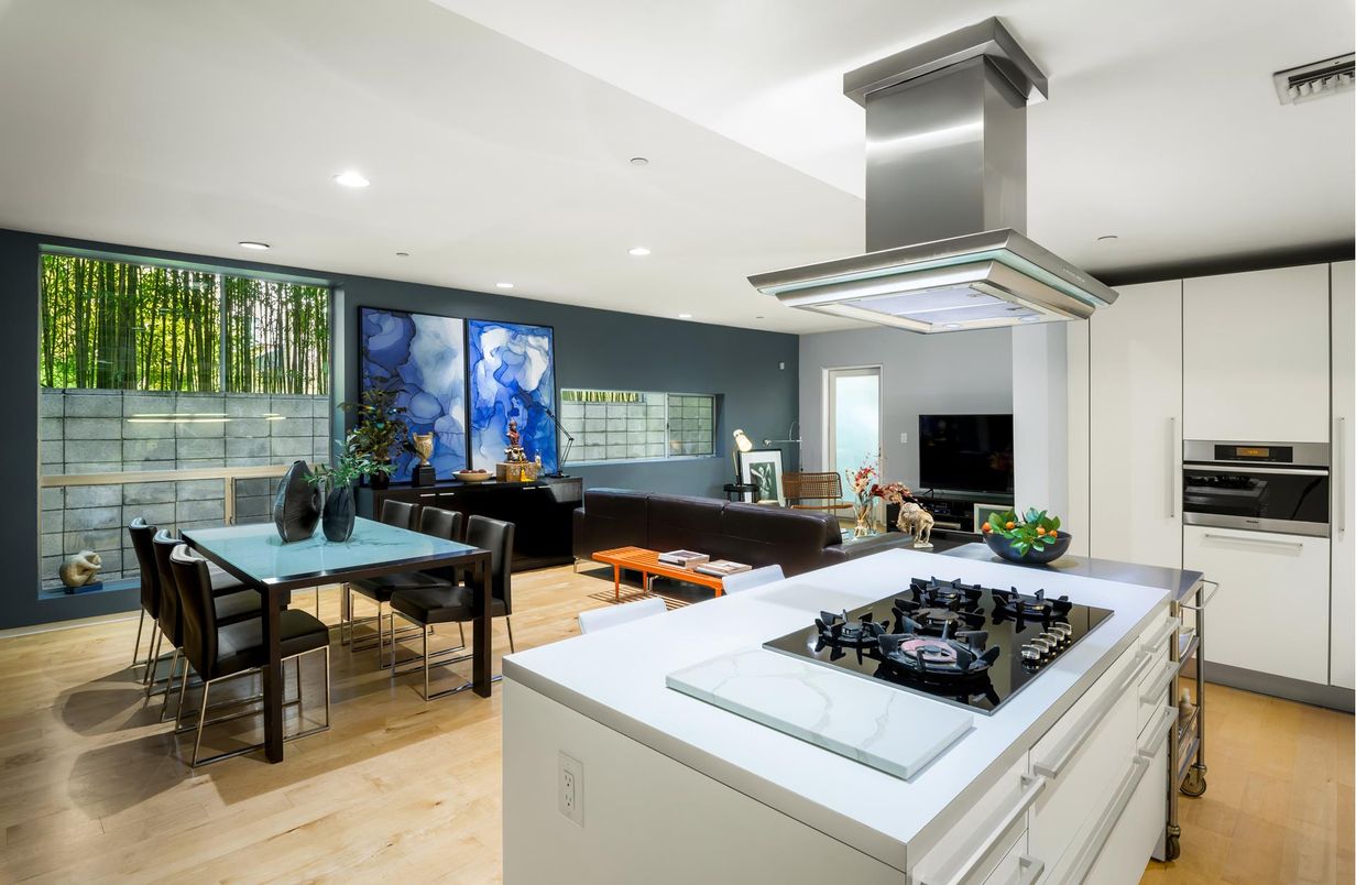 Dining room, Interior, Kitchen, Living room, Recessed Lighting, Stainless Steel Appliances, Wood Texture Flooring